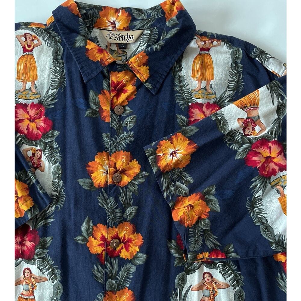 Gotcha Island Time Vintage Shirt Men L Blue Hawaii Dancers Aloha Tropical Beach